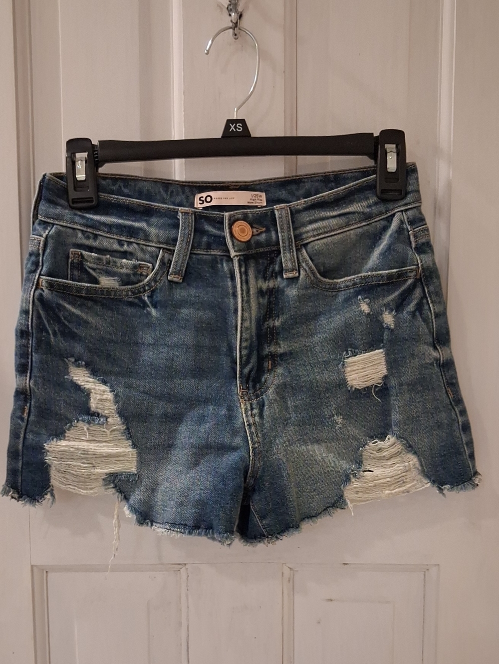SO Distressed Dark Blue Denim Shorts with Frayed Hem